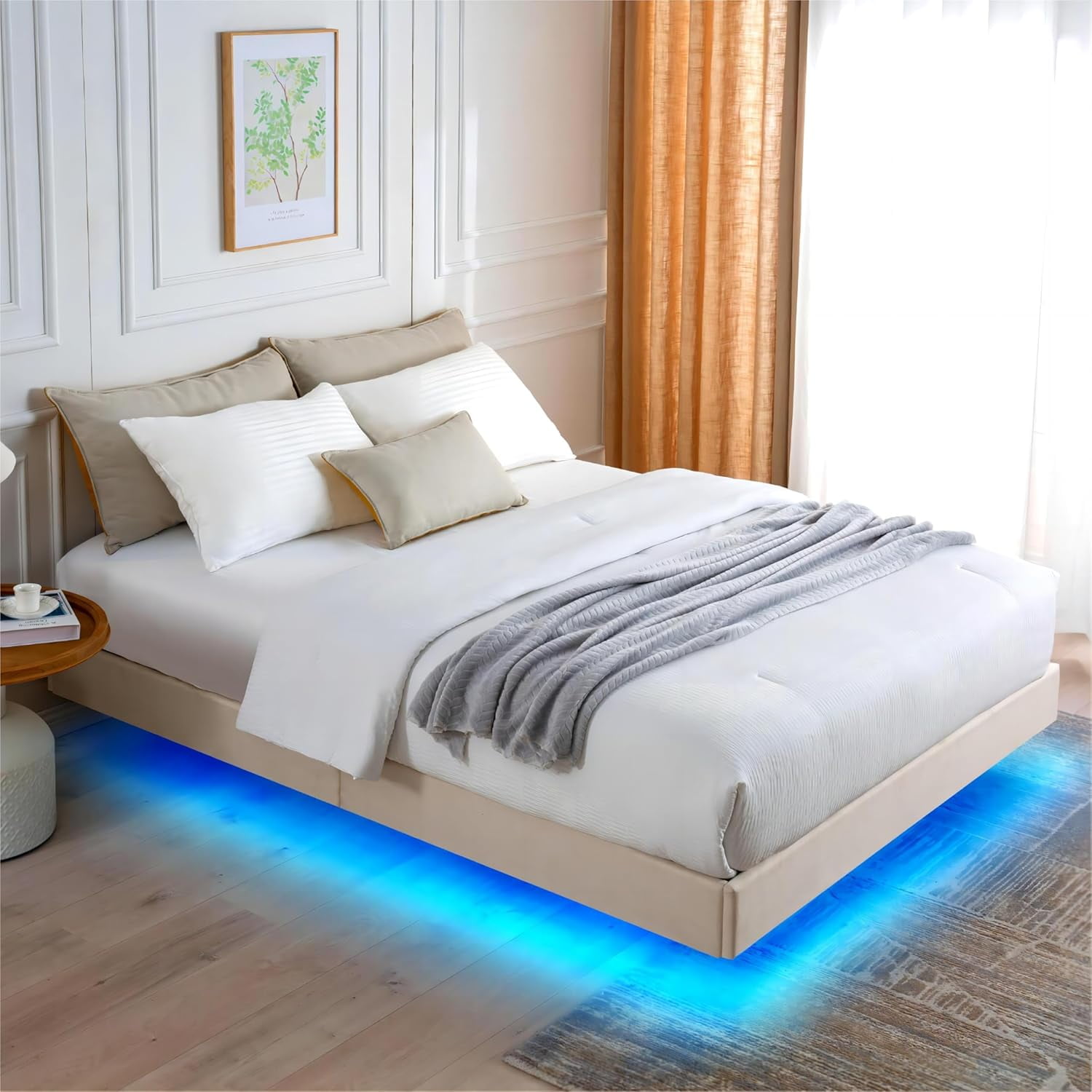 Reliancer Full Size Floating Bed Frame with LED Lights, Modern Upholstered Full Platform Bed Frame, No Headboard, No Box Spring Needed, Easy to Assemble