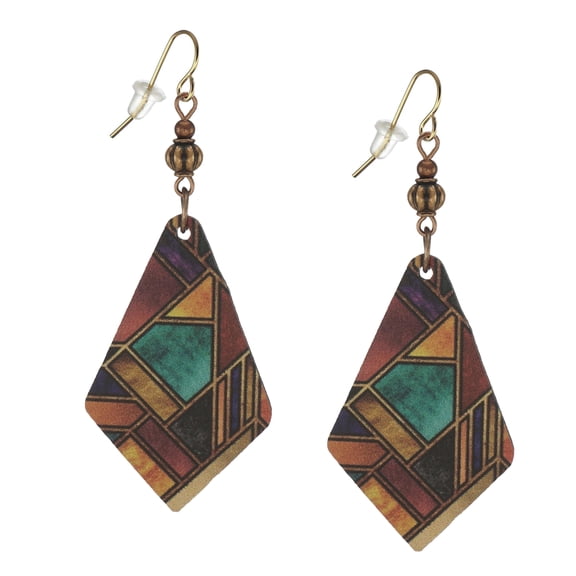 Beautiful Boho Multi Colored Abstract Diamond Shape Wood and Copper Earrings – Hypoallergenic Earwires
