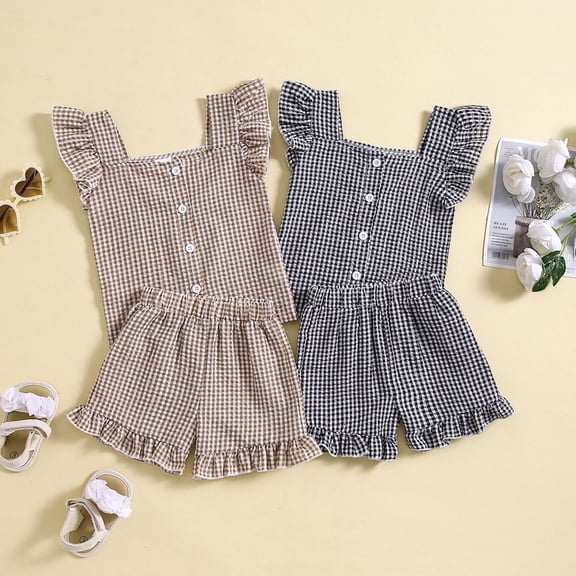 Trendfront Girls Summer Square Neck Sleeveless Top Clothing Sets 2 Piece Ruffle Flutter Sleeve Gingham Plaid Outfits Shorts Sets