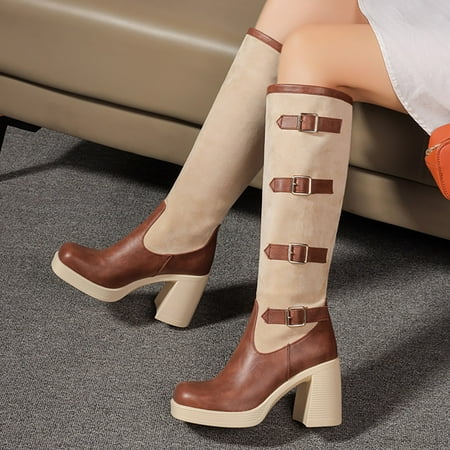 

Akiihool Knee High Boots Women Wide Calf Round Toe Stretch Boots for Women Round Toe Stretch Boots for Women (Brown 7.5)