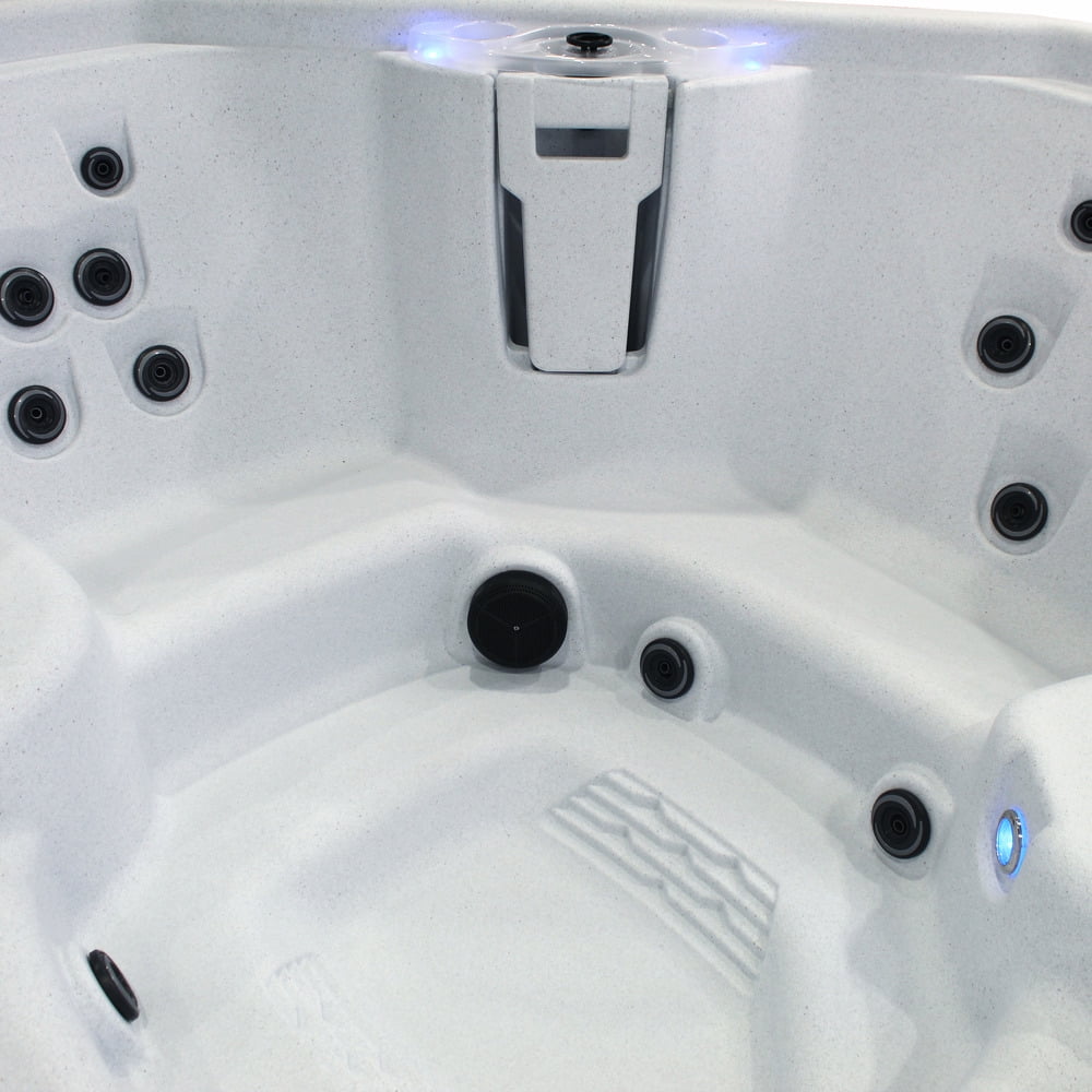Spark 7‑Person 35‑Jet Plug & Play Hot Tub – 120V/240V, Stainless Steel Heater, Ozone System, Waterfall & LED Lighting (White/Mocha)