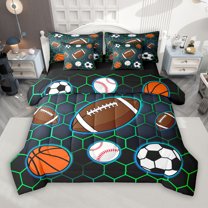 Manfei Football Rugby Print 7-Piece Twin Bedding Sets for Kid, Navy Green Honeycomb Bedding Comforter Set, Cartoon Ball Sports Reversible Sheet Sets, Microfiber Bedroom Decor