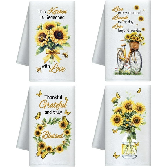 Sunflower and Butterfly Decorative Kitchen Towels Set of 4, Soft & Absorbent Microfiber Dish Towel for Kitchen Tea Coffee Bar Home, Best Gift for Housewarming Christmas Thanksgiving Birthday