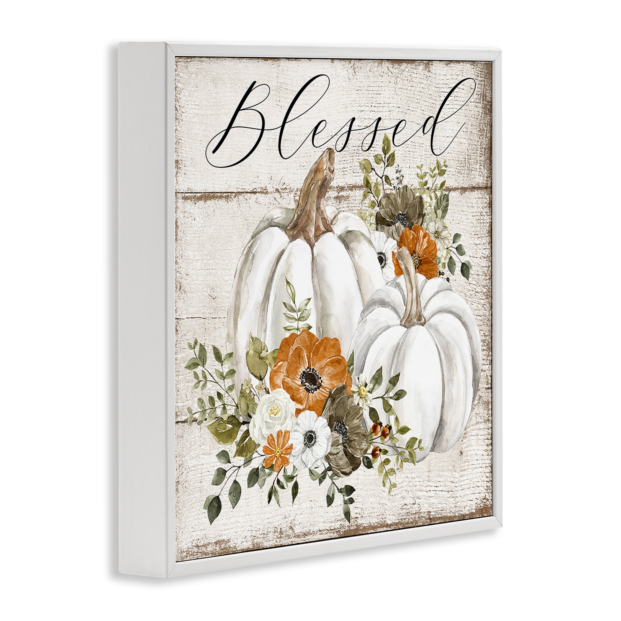 Stupell Industries Blessed Floral Pumpkin Holiday Painting White Framed Art Prints Wall Art, 12 x 12