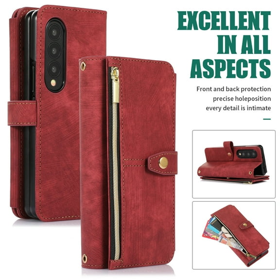 Jiahe Cover for Samsung Galaxy Z Fold 4, Mulit-Function Wallet Case,Flip Leather Zipper Card Holder Stand with Adjustable Shoulder Strap Full Body Protection Case Cover, red