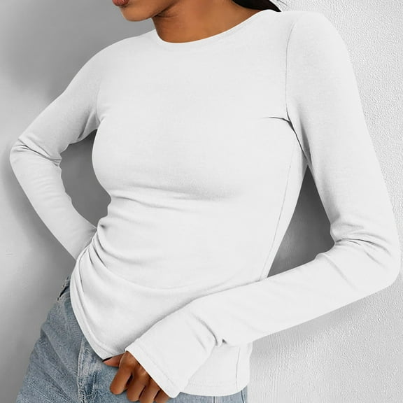 TYGHBN Women's Casual Crewneck Long Sleeve Solid Color Top T Shirt Gloves Finger Base Shirt Tennis Shirts Women Long Sleeve Shirt Plain Women Women Loose Tops Summer Women Shirts with Neck Top for