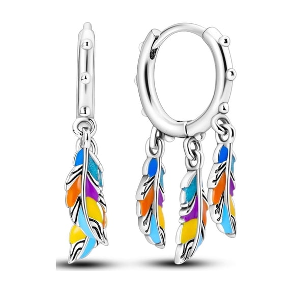 MULA Original 925 Sterling Silver Hoop Earrings Colorful Dream Feathers for Women Jewelry Gift
