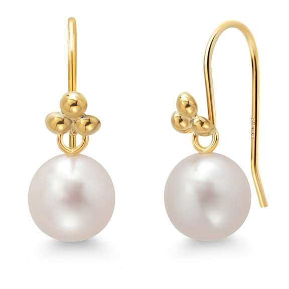 Gem Stone King 14K Yellow Gold Frenchwire Dangling 7MM White Round Shape Cultured Freshwater Pearl Earrings for Women | Fine Jewelry Gifts for Her Mom Women Wife