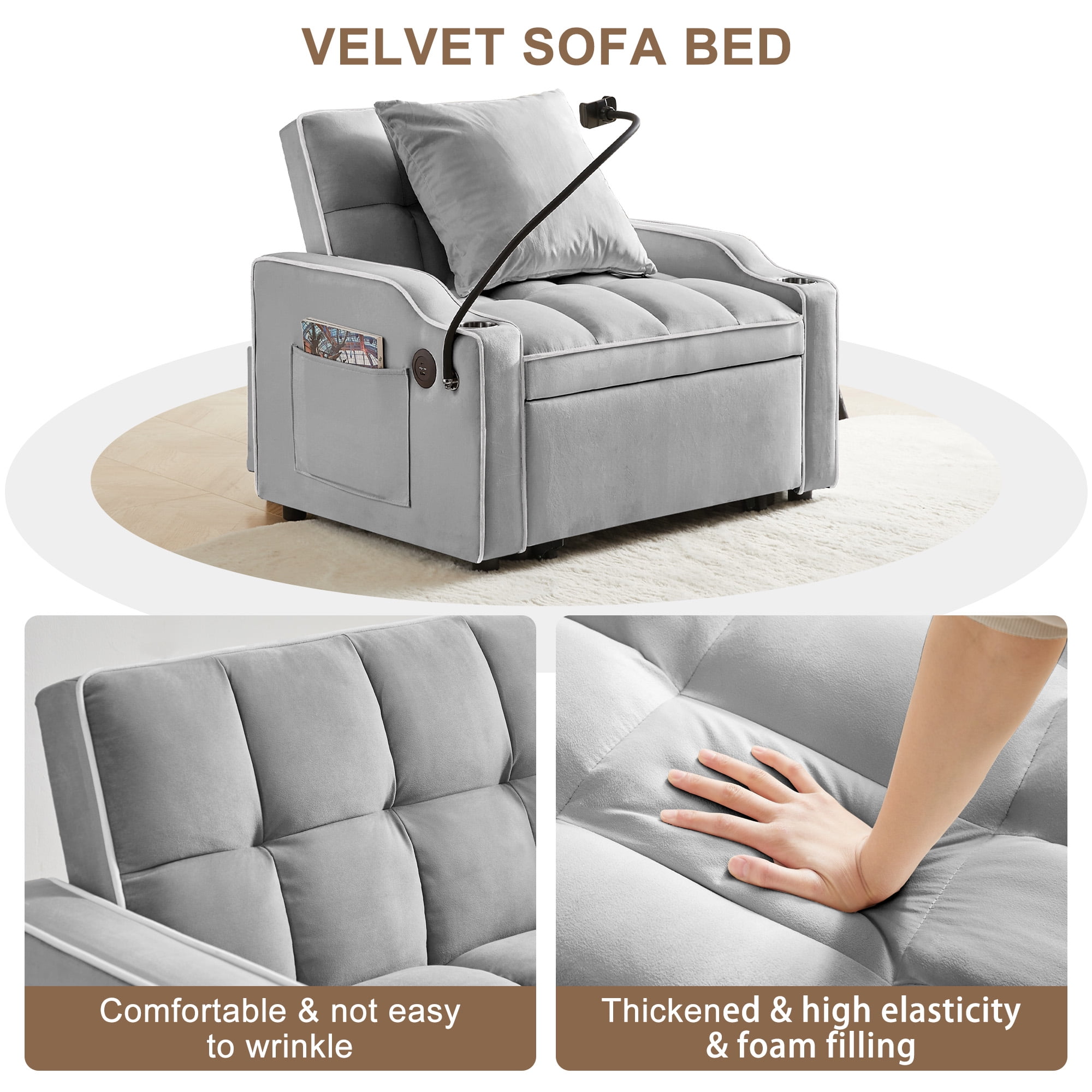 Aukfa Sleeper Chair Bed, Convertible Pull Out Sofa Bed with USB Port, Cup Holders and Swivel Phone Holder, Gray