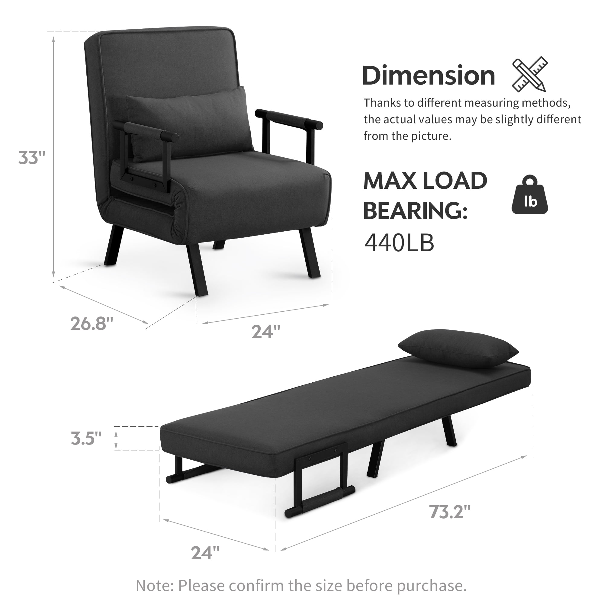 Aukfa Comfy Mini Sofa Adjustable Backrest Chaise Lounger Convertible Sofa Chair Bed w/ &Pillow, Black