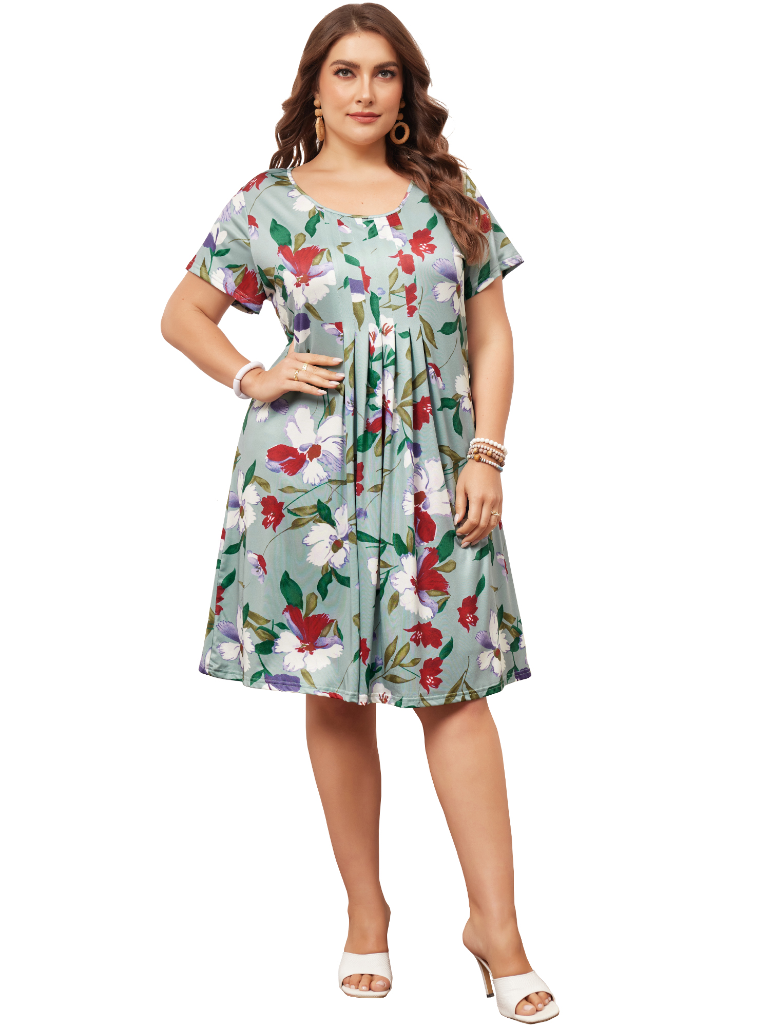 DARING DIVA Plus Size Outfits Tropical Floral Short Sleeve Dress 1X Green