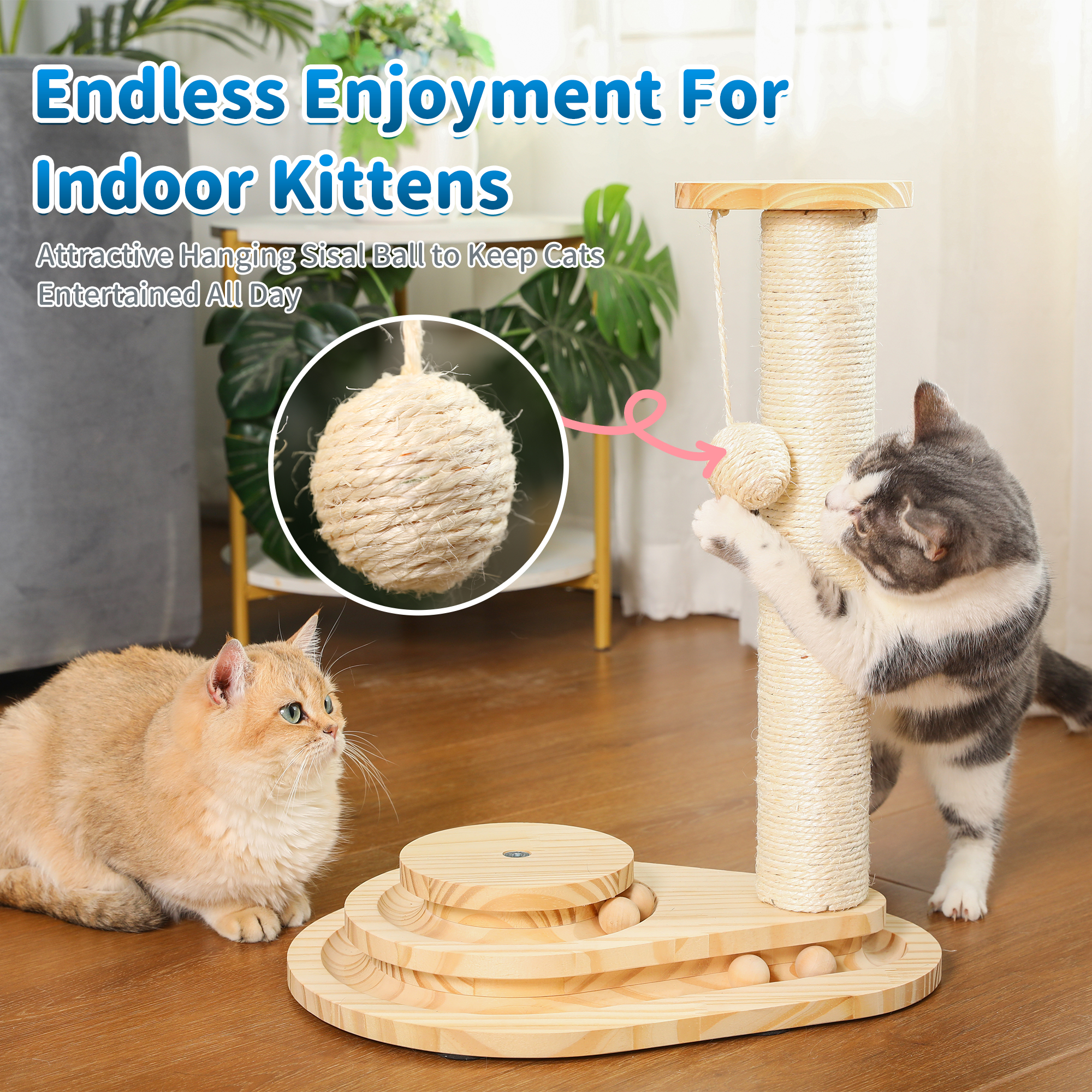 Cat Scratcher, Scratching Post for Indoor Cats with Stable Widen Base, 18.9" Tall Wood Ball Toy with 2-Level Track for Small Kittens, Natural Sisal Rope and Ball for Fun