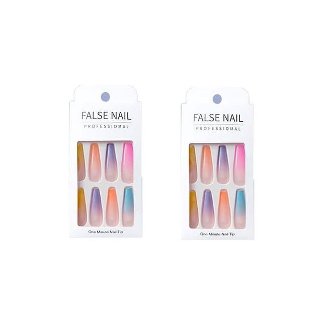 48 Pack Press-On Nail Coffin Uñas postizas largas Arco iris Ombre Acrílico brillante Bailarina Uñas postizas para mujeres y niñas Ormromra WRLF-599
