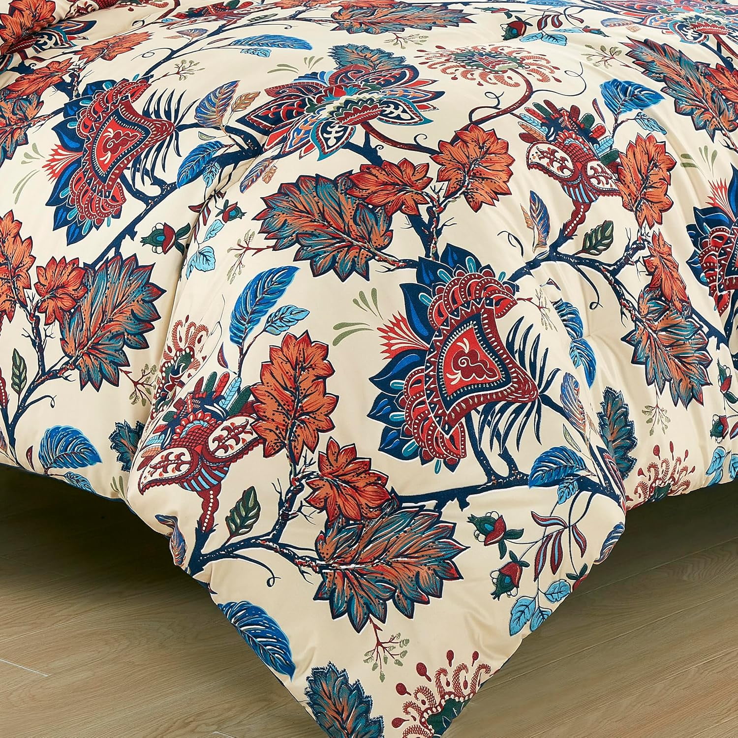 Chezmoi Collection Azura 3-Piece Floral Comforter Set Full, Multicolor Blue Red Orange Cream Printed Microfiber Lightweight Bedding Set for All season