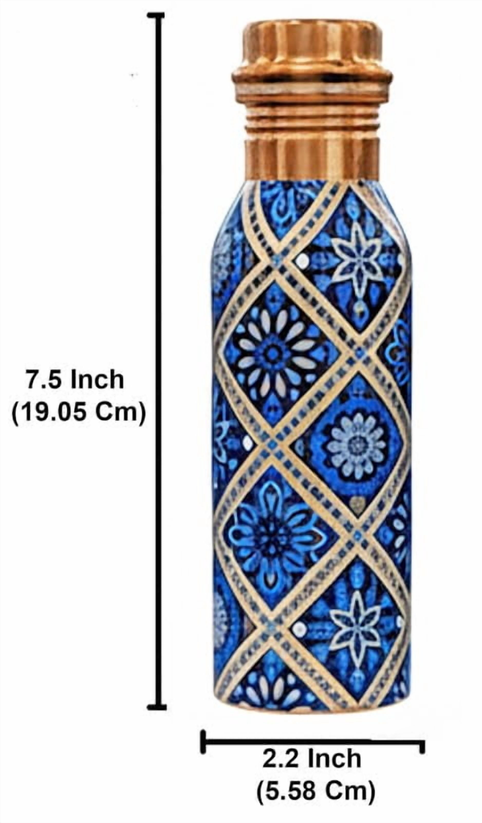 IMTRA FASHION Small Copper Water Bottle Combo 17 OZ/500 ML Color Engraving Work Drinking Flask Ayurvedic Leakproof Bottle for Sports, Yoga