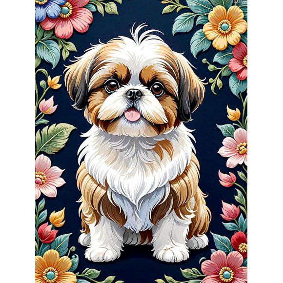 TRAHOO-5D DIY Diamond Painting Floral Full Drill Kits for Adults Beginner Colorful Animals Diamond Art, Shih Tzu Round Diamond Painting Kits Perfect for Home Wall Decor Gifts 12x16inch