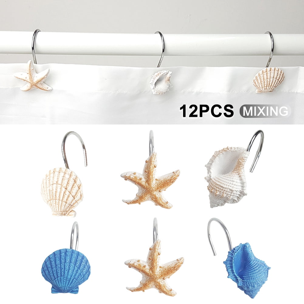 12-Piece Blue Sea Animal Shower Curtain Hooks - Starfish, Shell & Conch Resin Hooks, Anti-Rust