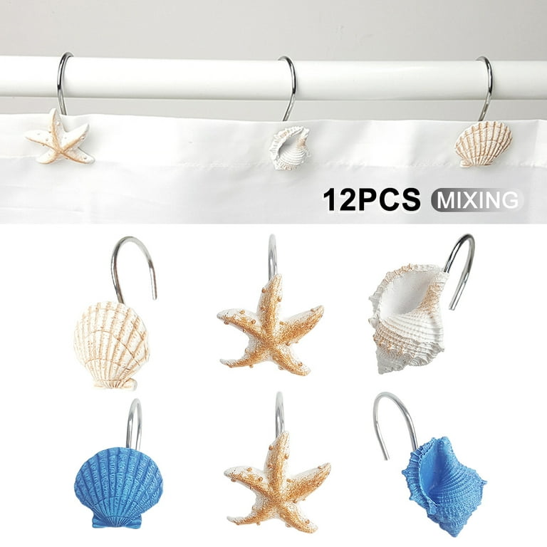 12PCS Starfish Seashell Conch Style Shower Curtain Hooks Rust Proof Rings  Bathroom Hangers Resin Decorative Shower Curtain Hook 