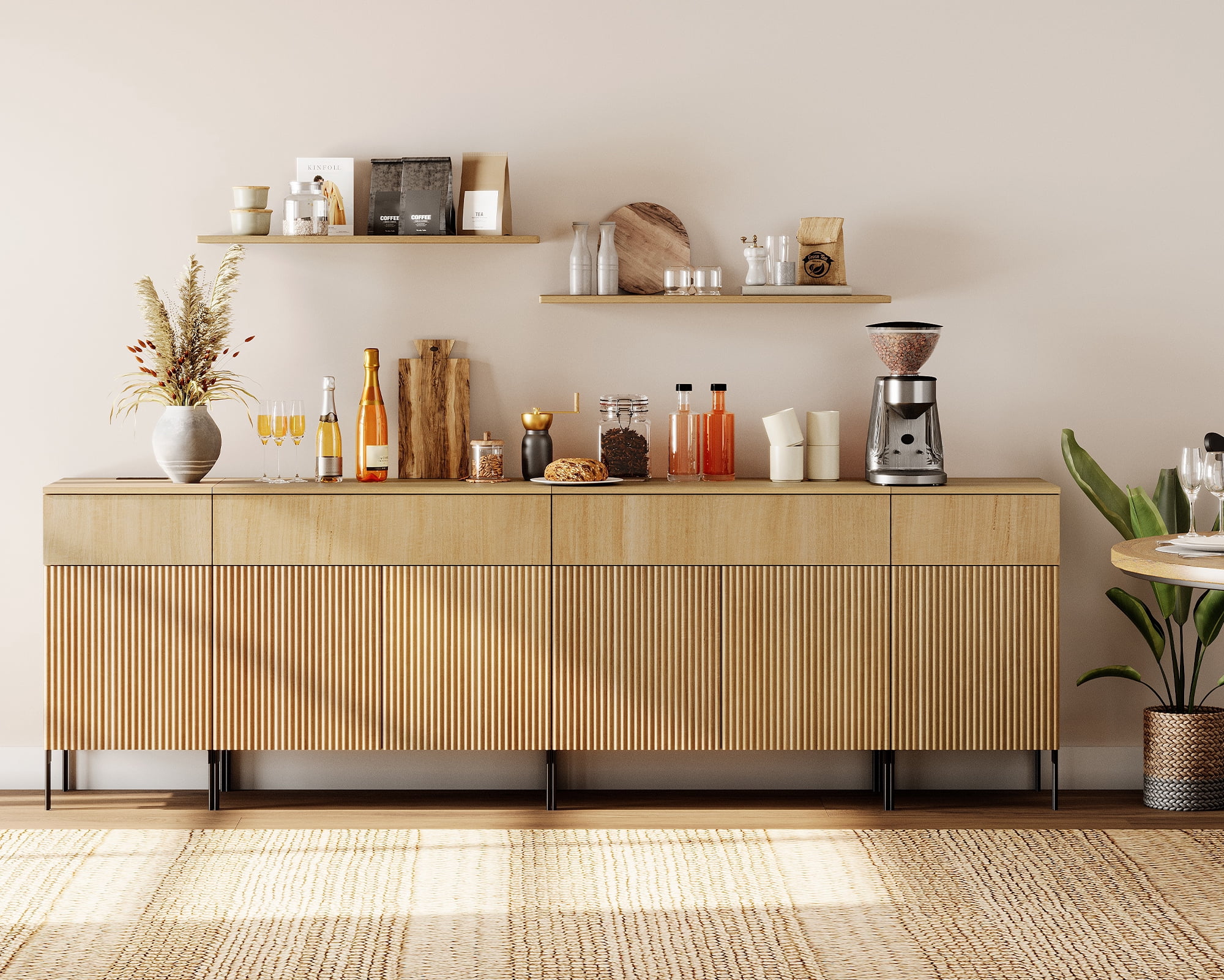 94.5" Wooden Sideboard with Reeded Design, 4-In-1 Modern Credenza with Charging Station for Kitchen, Dining Room