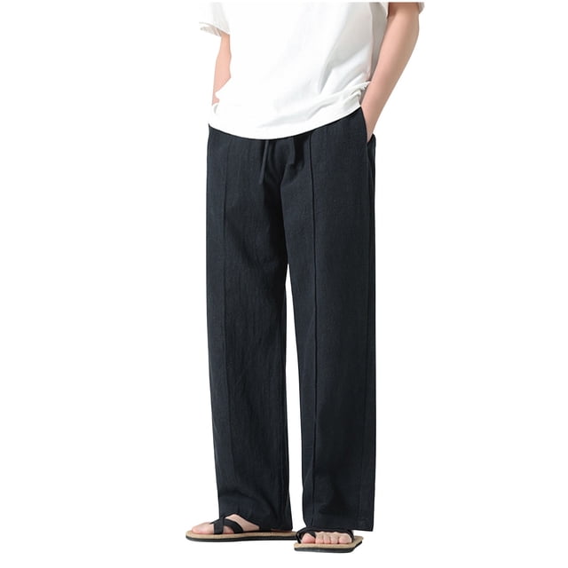 Jgppe Men's Casual Linen Pants Cotton Pockets Solid Color Elastic Waist Loose Drawstring Straight Leg Pants
