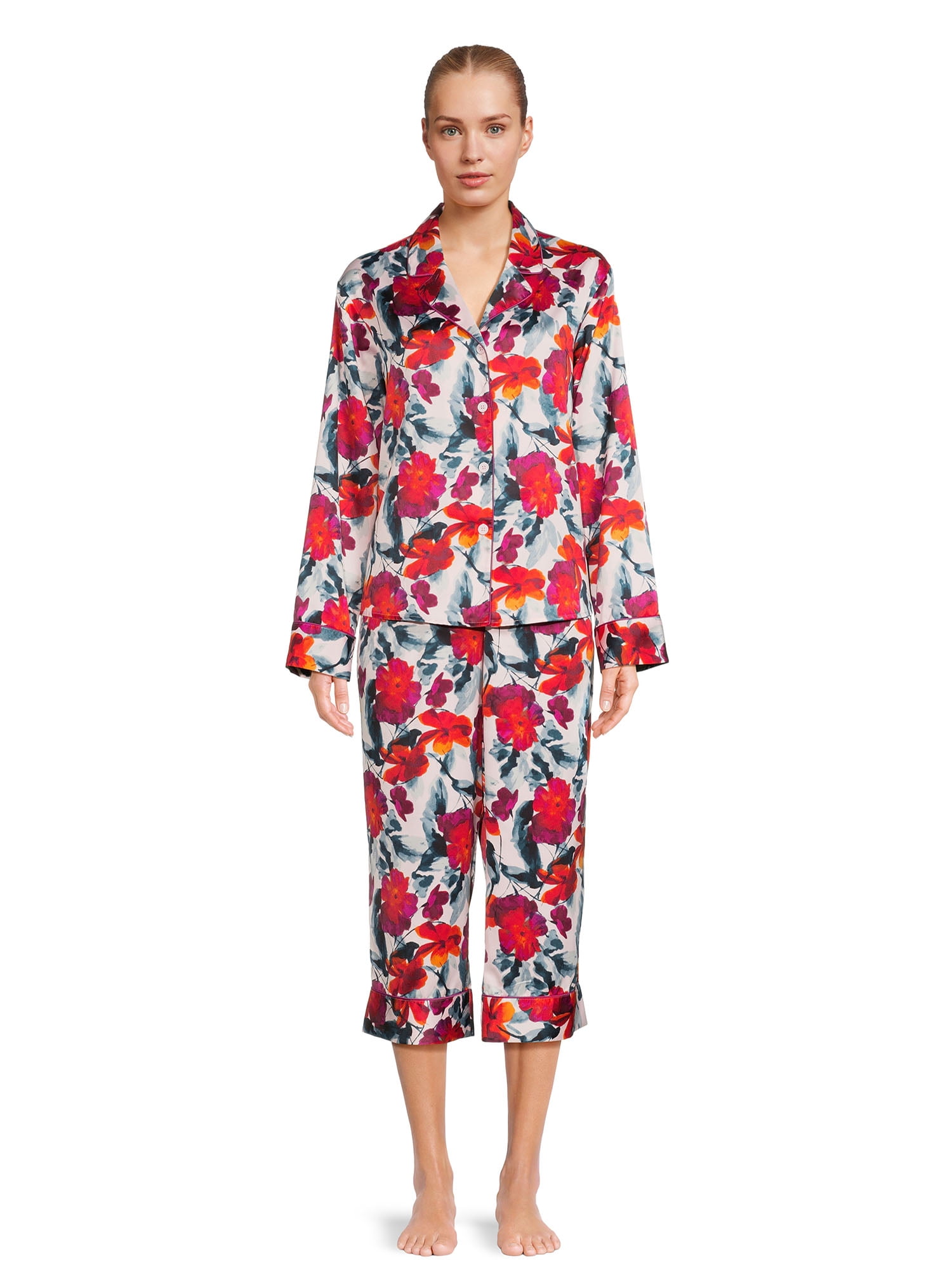 The Pioneer Woman Satin Notch Collar Top and Cropped Pants Pajama Set, Women’s, 2-Piece