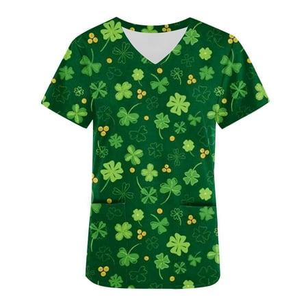 

LWZWM Fashion Nursing Uniforms Womens Scrub Tops Blouse with Pockets St Patrick s Day T Shirts Shamrock Graphic Tees Workwear Short Sleeve V-Neck with Pocket Army Green M