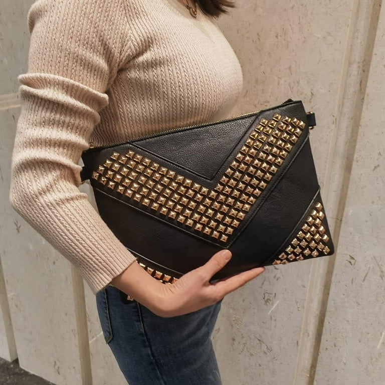 Oversized Clutch Bag Purse Women PU Leather Crossbody Shoulder Bags Studded Wristlet Handbag Rivet Envelope Clutches