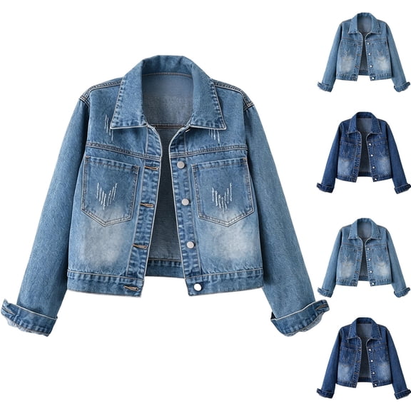 Women's Cropped Denim Jacket Washed Short Jean Jacket Vintage Trucker Coat Basic Button Down Long Sleeve Fall Jacket Dark Blue