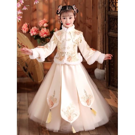 Girls Cute Pink Tang Suits, Fleece Thermal Vintage Embroidered Tassel Top & Mesh Skirt Set, Chinese Style Traditional Hanfu 7-8T