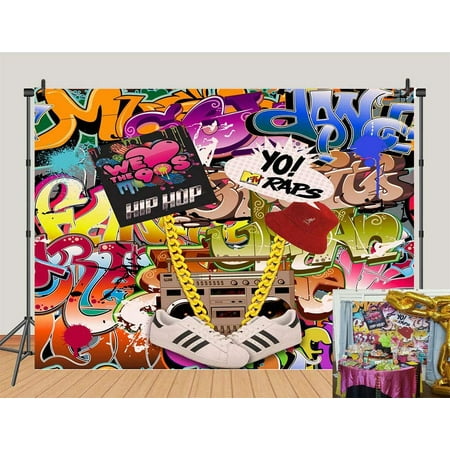 Image of Colorful Graffiti Photography Backdrop 80s 90s Hip Hop Theme Photo Booth Studio Props Supplies Retro Music Photo Background Rock Punk Prom Party Banner Decorations 5x3ft Banner