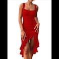 thumbnail image 3 of Vestido Midi Ajustado Fruncido para Mujer, Escote Cuadrado, Sin Mangas, Bajo con Volantes, Vestido de Fiesta para Discoteca, Rojo, Talla L, 3 of 8