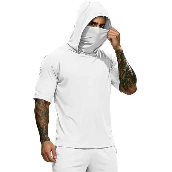 Mens UPF 50 Sun Protection Shirts Hoodie with Mask Quick Dry Short Sleeve Lightweight Fishing Shirt Hiking Top White XL