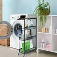 thumbnail image 3 of 4-Tier Storage Trolley with Wheels, Pinch Storage Shelf, Slide-Out Slim Rolling Cart, Wooden Top, Metal Handle and Wire Mesh, Suitable For Tight Spaces In Kitchen/Bathroom/Laundry Room, Black, 3 of 5