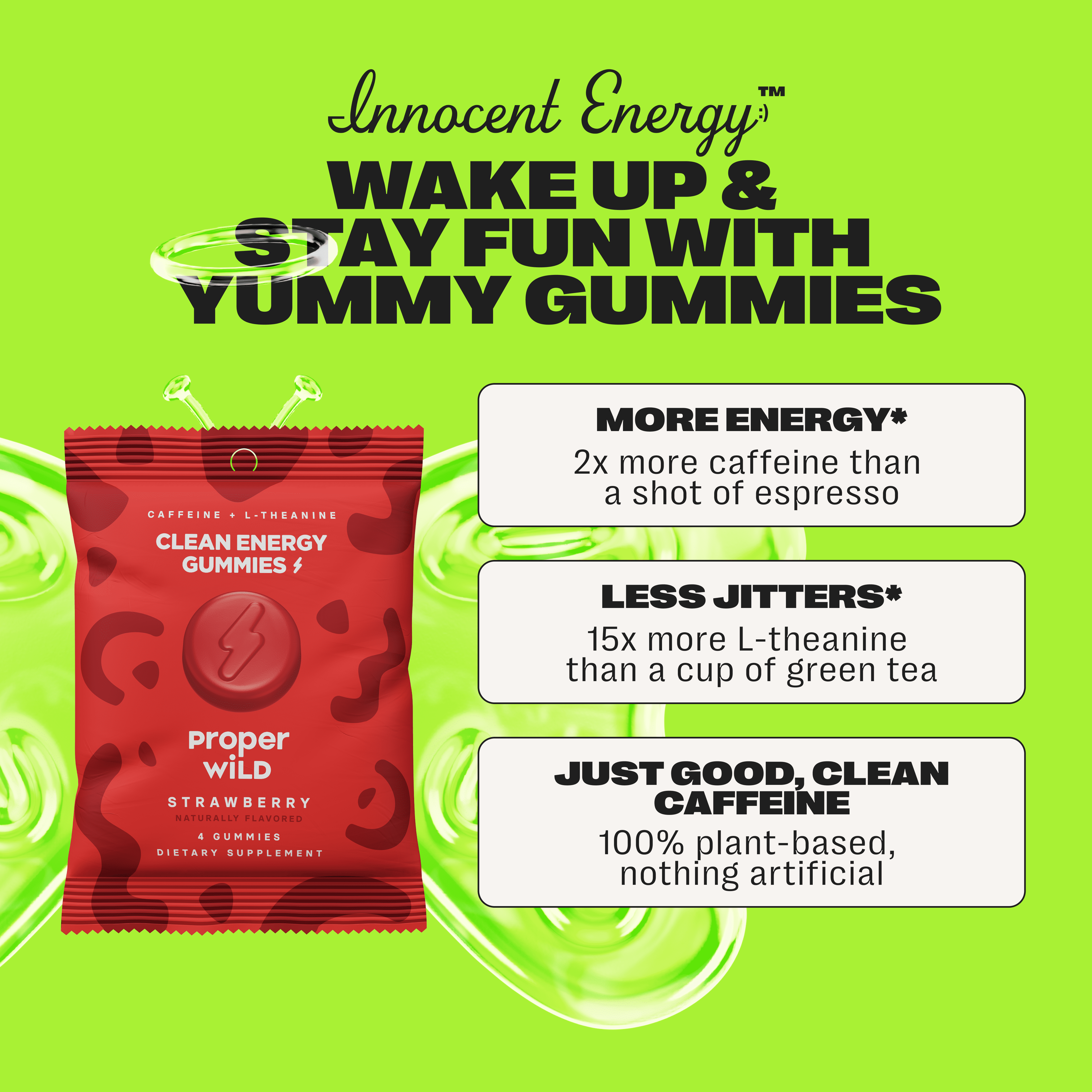Proper Wild, Natural Clean Energy Gummies, Caffeine & L-Theanine, Strawberry, 10-Pack