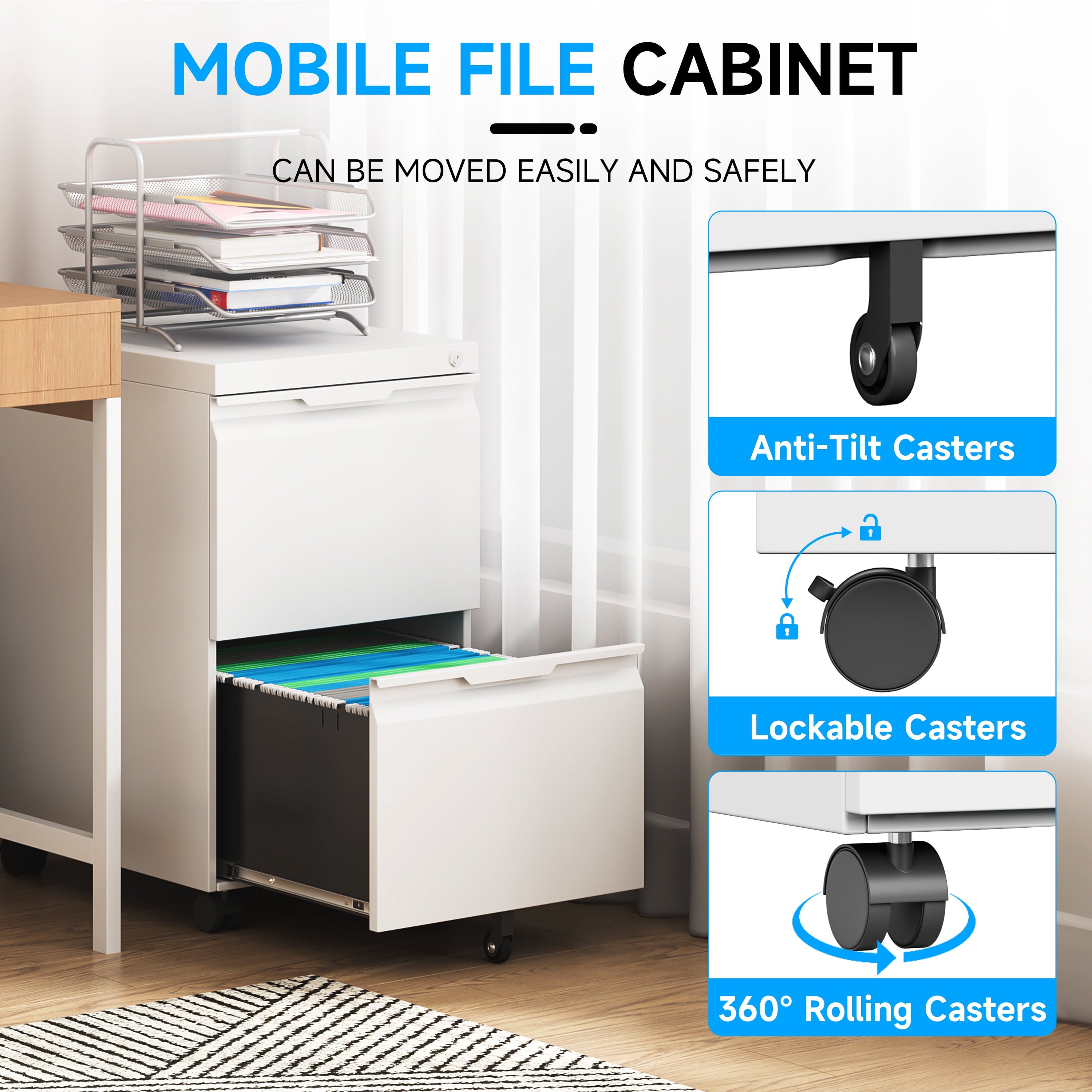 2 Drawer Mobile File Cabinet, File Cabinet on Wheels with Lock for Letter/Legal/A4 File, Metal Rolling File Cabinets for Home Office (White)