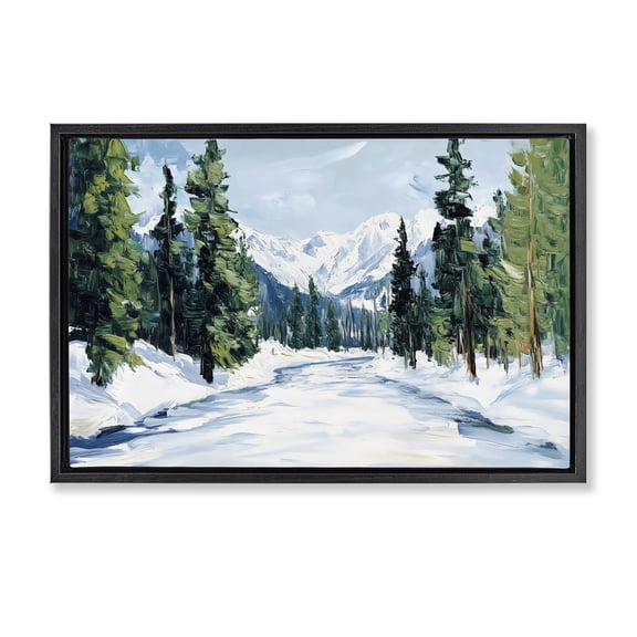 Snowy Tall Tree Pass Black Framed Floater Canvas Wall Art, design by Petal Prints Design