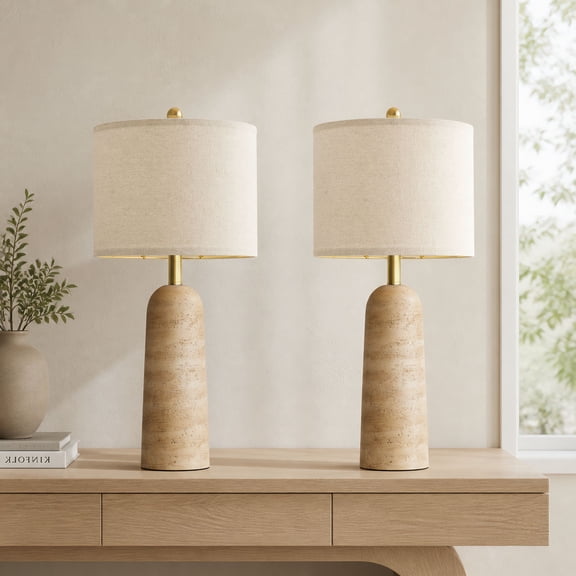 Set of 2 Table Lamps, Resin -Look Lamp with Linen Shade, 27.25" Bedside Lamps for Bedroom, Living Room, Nightstand, Entryway, Warm Beige