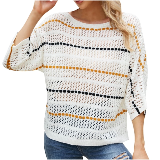 IROINID Pull à Col Rond en Tricot pour Femmes Pull à Manches Longues Sexy Manches Mi-Longues Casual