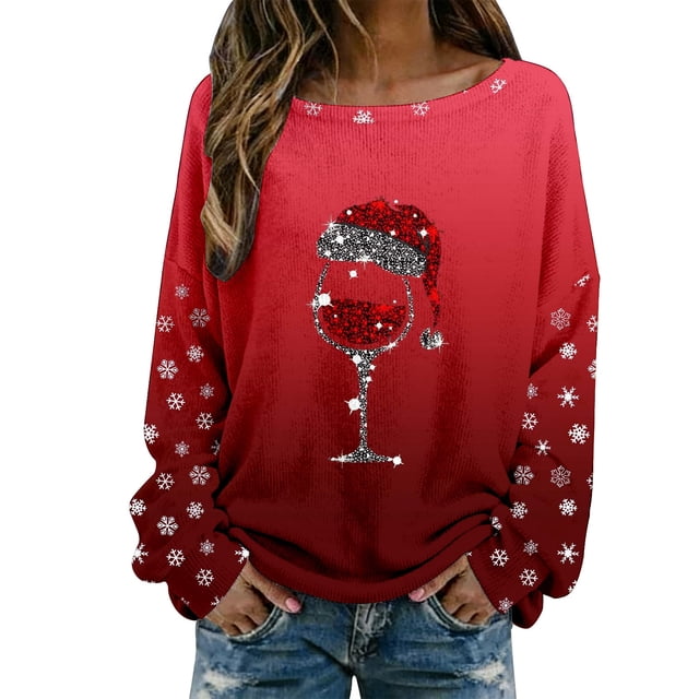 Hauts pour Femmes Décontractés à Imprimé de Noël, T-Shirt à Col Rond, Chemise à Manches Longues, Chemisiers Grande Taille pour Femmes, Rouge, 3TG