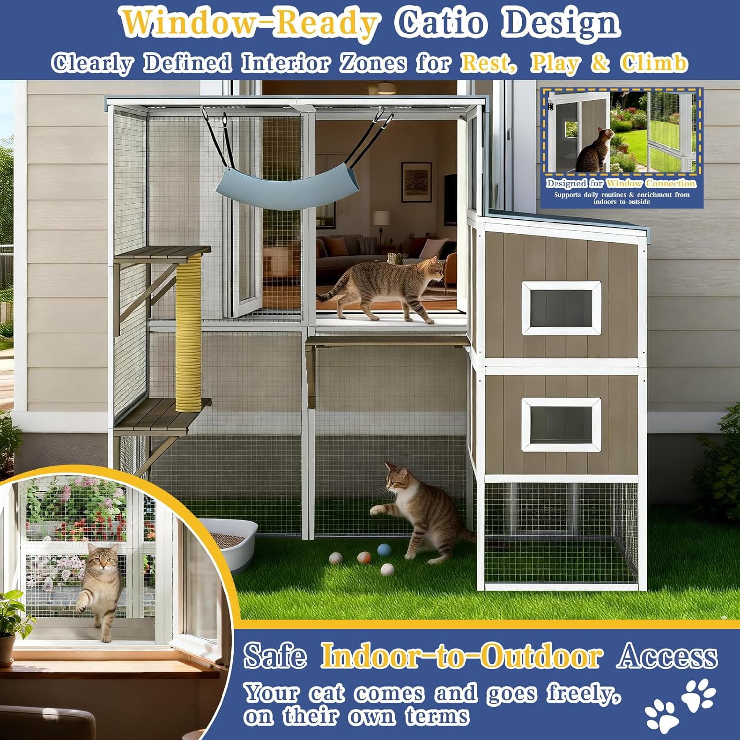 Large Outdoor Catio Cat Enclosure, Walk-in Wooden Cat House with 4-Level Play Platforms, Removable Roof Cover & Window Connection, 75"L