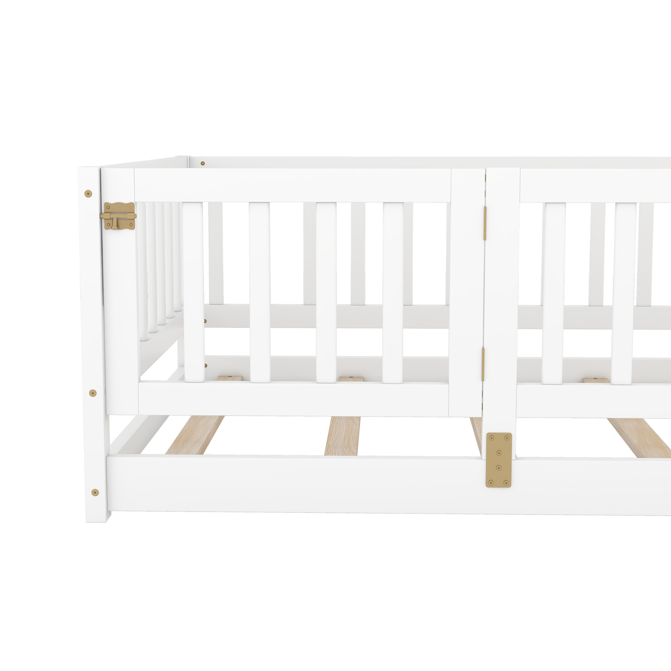 Noble House Auburn 77" Twin Montessori Floor Bed with Fence and Gate, Wood Bed Frame with Slats for Kids, White