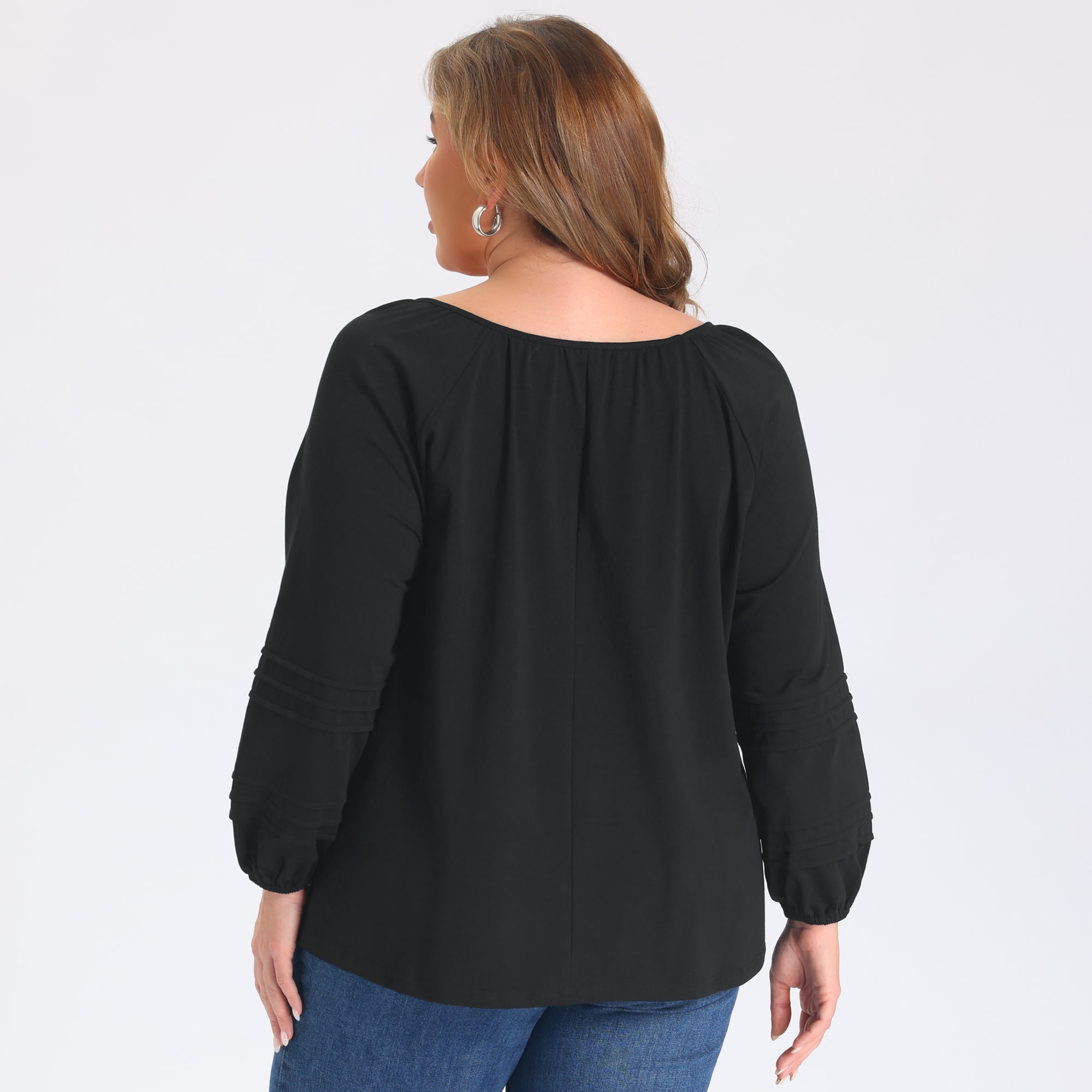 DARING DIVA Women's Plus Keyhole Neck Lantern Sleeve Pintuck 2X Black