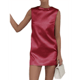 thumbnail image 2 of Robe Courte de Soirée Sans Manches en Satin pour Femme, Dos Nu, Col Rond, Rouge Vin, TG, 2 of 7