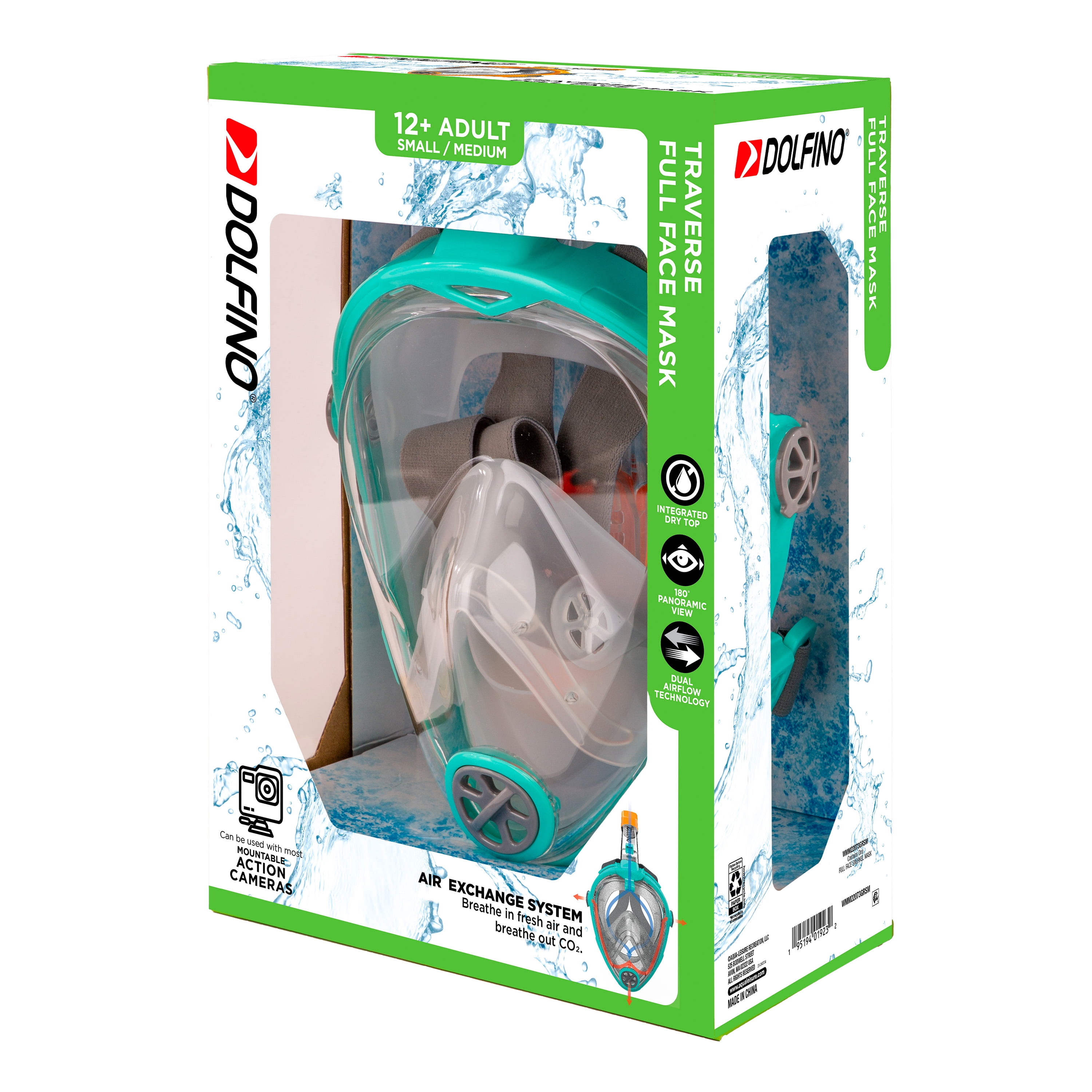 (2 pack) Dolfino Traverse Full Face Mask for Snorkeling, Teal, S/M, Ages 12+