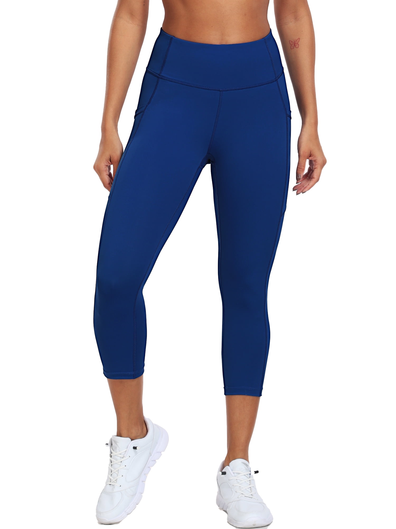 NELEUS Womens High Waist Capri Yoga Leggings Cropped Pant for Workout with Two Pockets,Navy Blue,US Size L