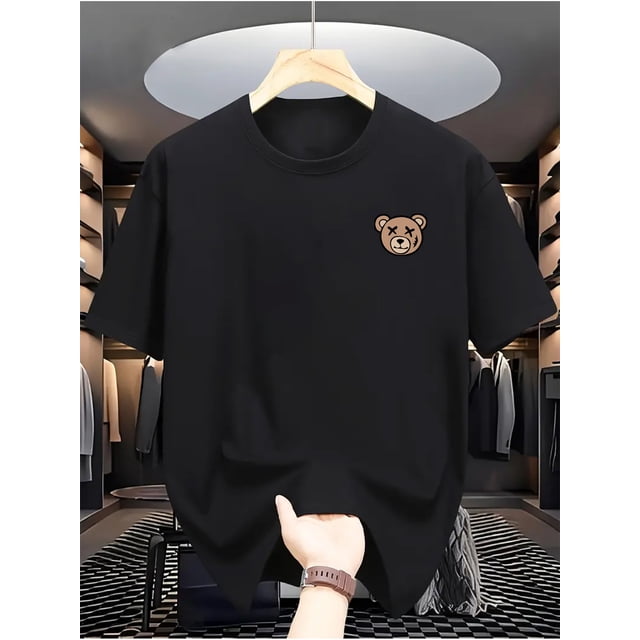 Camiseta informal de cuello redondo para hombre con estampado de oso de dibujos animados, 100 % algodón, manga corta y corte regular para verano | Acabado brillante | Ropa informal duradera
