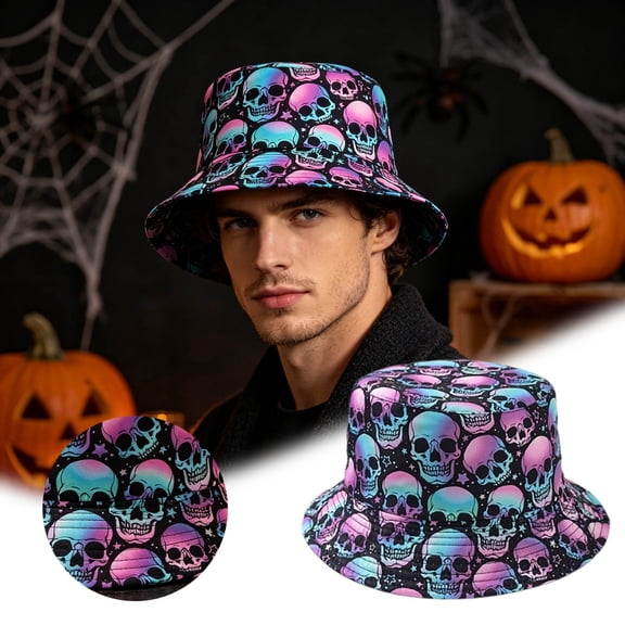 Gradient Skull Print Bucket Hat Reversible Wide Brim Sun Hat Lightweight Packable Fisherman Hat for Outdoor Travel Festival