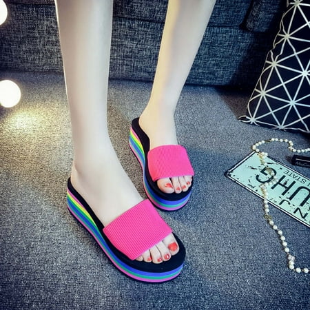 

AXXD Sandals Women Summer Slippers Platform High-heel Rainbow Platform Wedges Shoes(6.5-7 Hot Pink)
