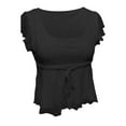 thumbnail image 4 of MIXUE Womens Tops Summer Solid Color Square Collar Short Sleeve Ruffled Stylish Casual Tshirts Activewear,Black,L, 4 of 6