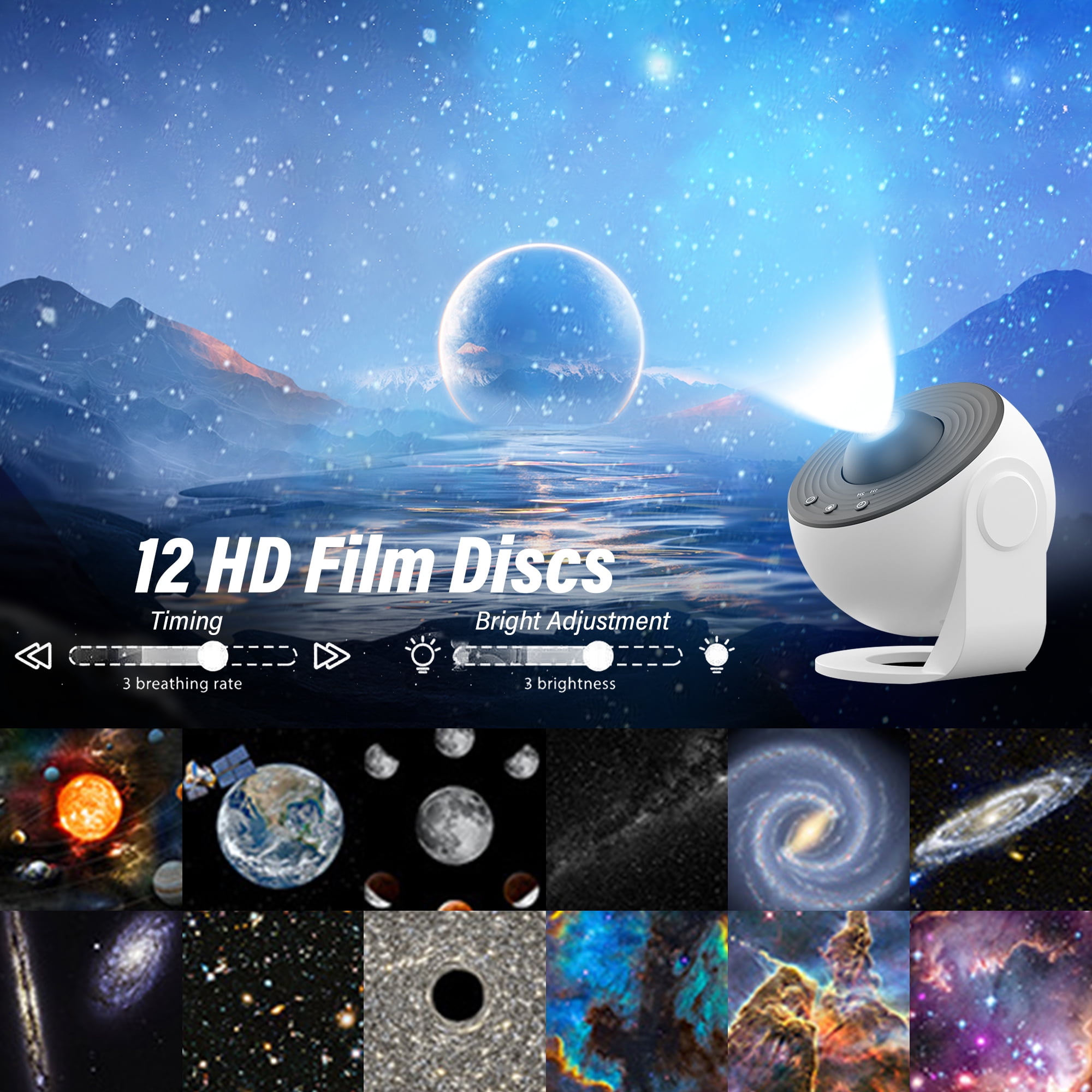 Luces Decorscion De Planetas, Planetarium Star Projector with 12 Planet Discs, Bedroom Starry Sky Night Light Projector Lamp (White)